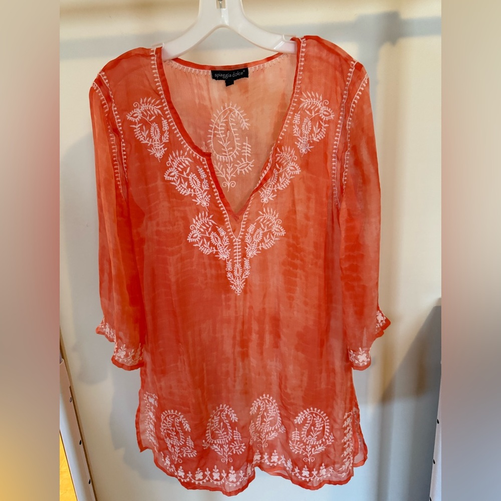 Women's Orange Embroidered V-Neck Tunic